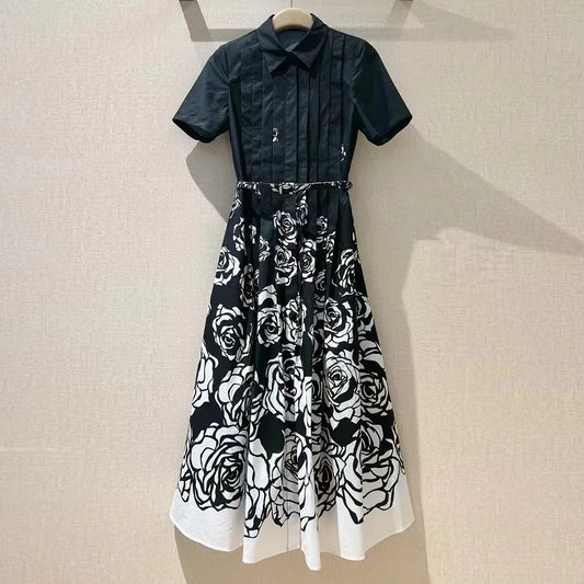 100%Cotton Long Dress 2025 Spring Women Turn-down Collar Vintage Floral Prints Pleated Patchwork Short Sleeve Black Maxi Dress