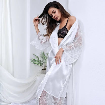 Women Ice Silk Robes Nightgown Long Dress Deep V Long-Sleeve Kimono Gown Cardigan Loose Sexy Sleep Wear Lace Lingerie Nightdress