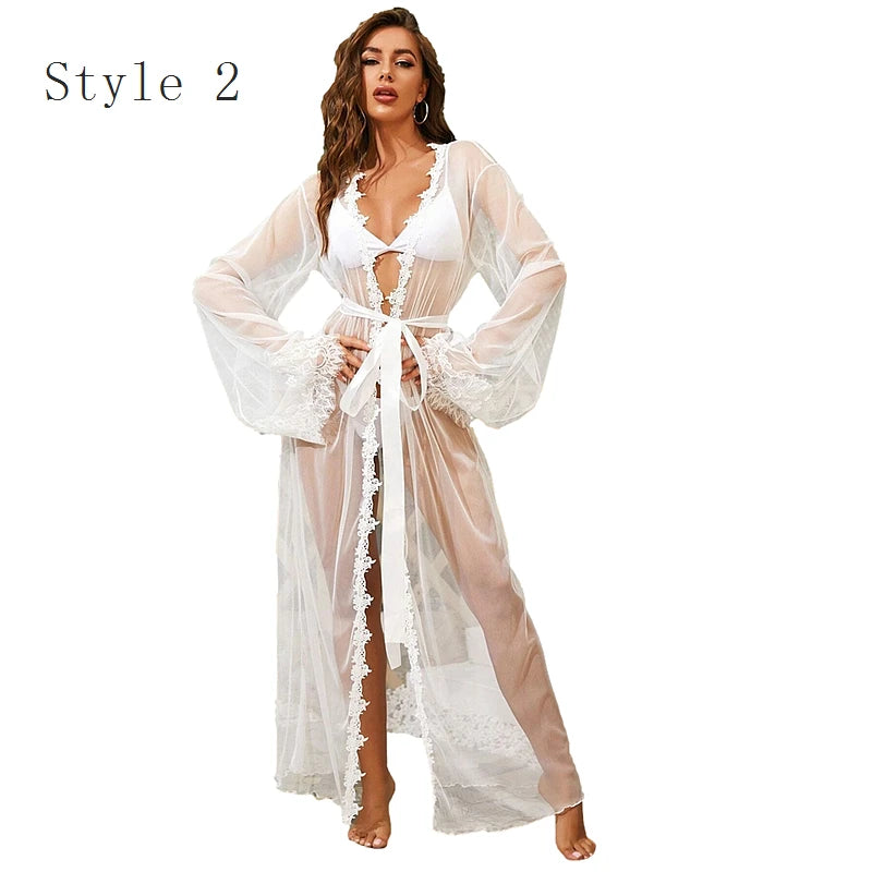 Women Ice Silk Robes Nightgown Long Dress Deep V Long-Sleeve Kimono Gown Cardigan Loose Sexy Sleep Wear Lace Lingerie Nightdress