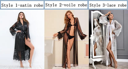 Women Ice Silk Robes Nightgown Long Dress Deep V Long-Sleeve Kimono Gown Cardigan Loose Sexy Sleep Wear Lace Lingerie Nightdress