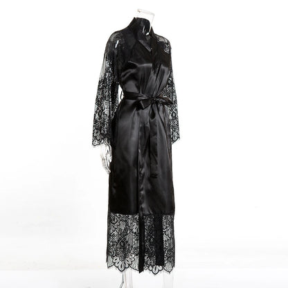 Women Ice Silk Robes Nightgown Long Dress Deep V Long-Sleeve Kimono Gown Cardigan Loose Sexy Sleep Wear Lace Lingerie Nightdress