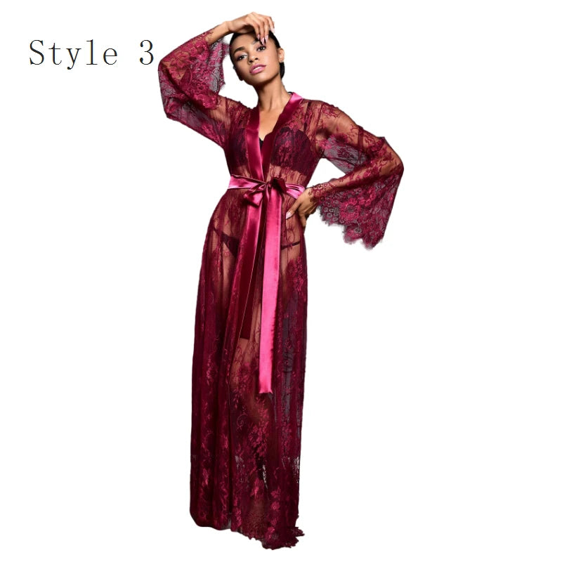 Women Ice Silk Robes Nightgown Long Dress Deep V Long-Sleeve Kimono Gown Cardigan Loose Sexy Sleep Wear Lace Lingerie Nightdress