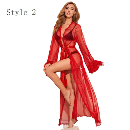 Women Ice Silk Robes Nightgown Long Dress Deep V Long-Sleeve Kimono Gown Cardigan Loose Sexy Sleep Wear Lace Lingerie Nightdress