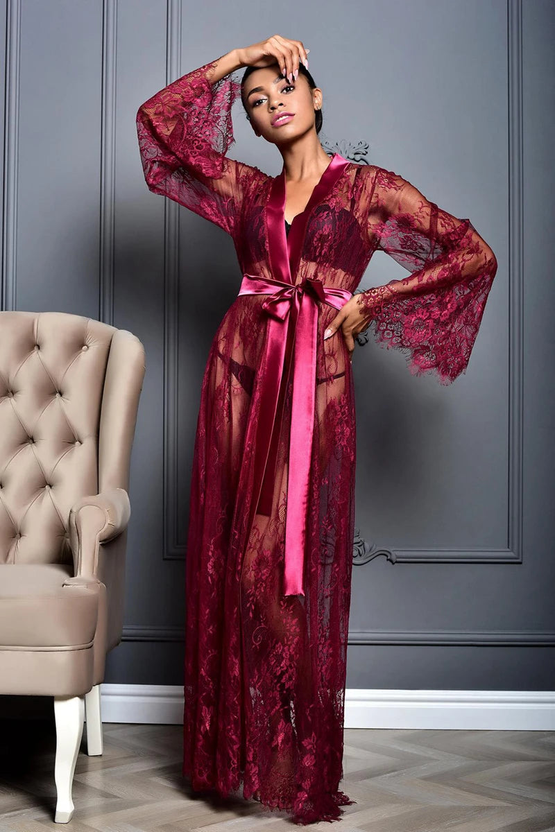 Women Ice Silk Robes Nightgown Long Dress Deep V Long-Sleeve Kimono Gown Cardigan Loose Sexy Sleep Wear Lace Lingerie Nightdress