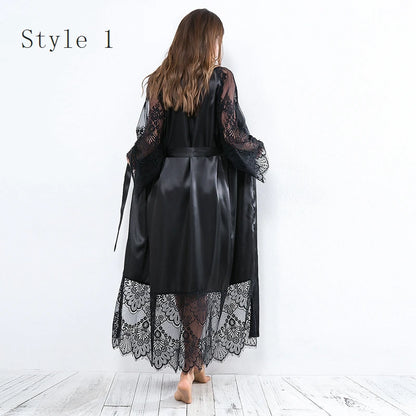 Women Ice Silk Robes Nightgown Long Dress Deep V Long-Sleeve Kimono Gown Cardigan Loose Sexy Sleep Wear Lace Lingerie Nightdress