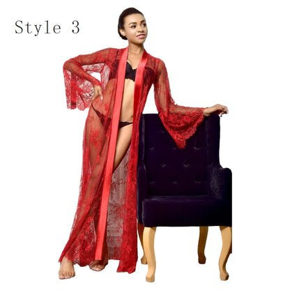 Women Ice Silk Robes Nightgown Long Dress Deep V Long-Sleeve Kimono Gown Cardigan Loose Sexy Sleep Wear Lace Lingerie Nightdress