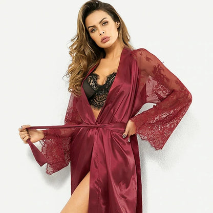 Women Ice Silk Robes Nightgown Long Dress Deep V Long-Sleeve Kimono Gown Cardigan Loose Sexy Sleep Wear Lace Lingerie Nightdress