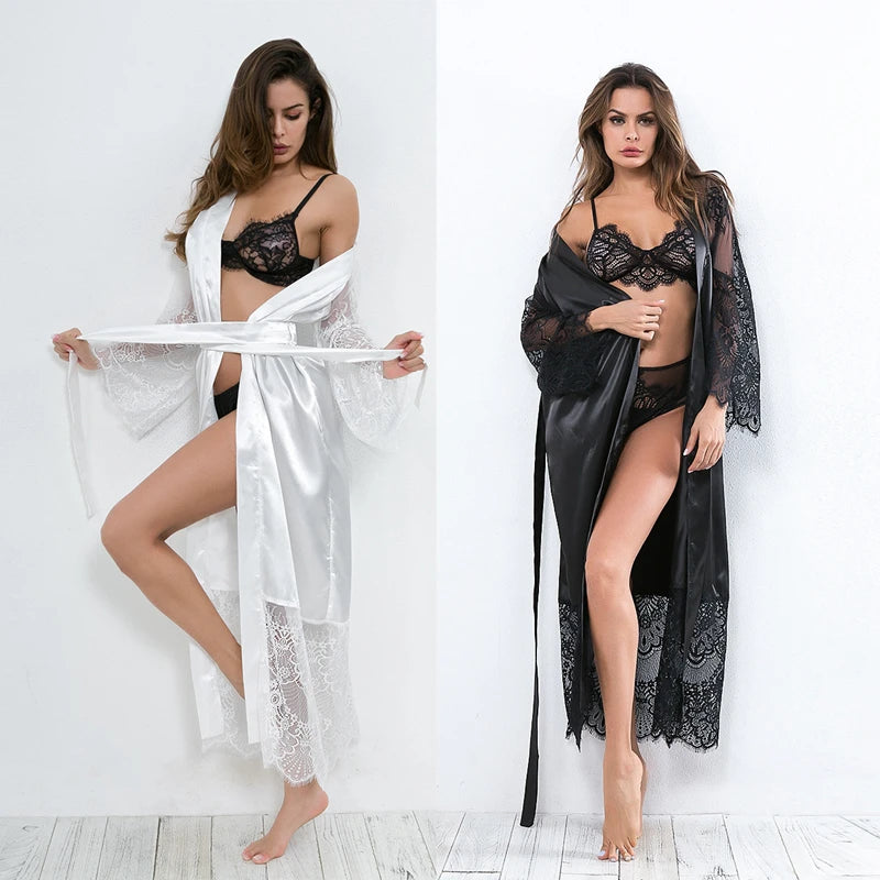 Women Ice Silk Robes Nightgown Long Dress Deep V Long-Sleeve Kimono Gown Cardigan Loose Sexy Sleep Wear Lace Lingerie Nightdress