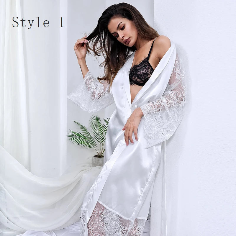 Women Ice Silk Robes Nightgown Long Dress Deep V Long-Sleeve Kimono Gown Cardigan Loose Sexy Sleep Wear Lace Lingerie Nightdress