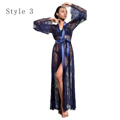 Women Ice Silk Robes Nightgown Long Dress Deep V Long-Sleeve Kimono Gown Cardigan Loose Sexy Sleep Wear Lace Lingerie Nightdress