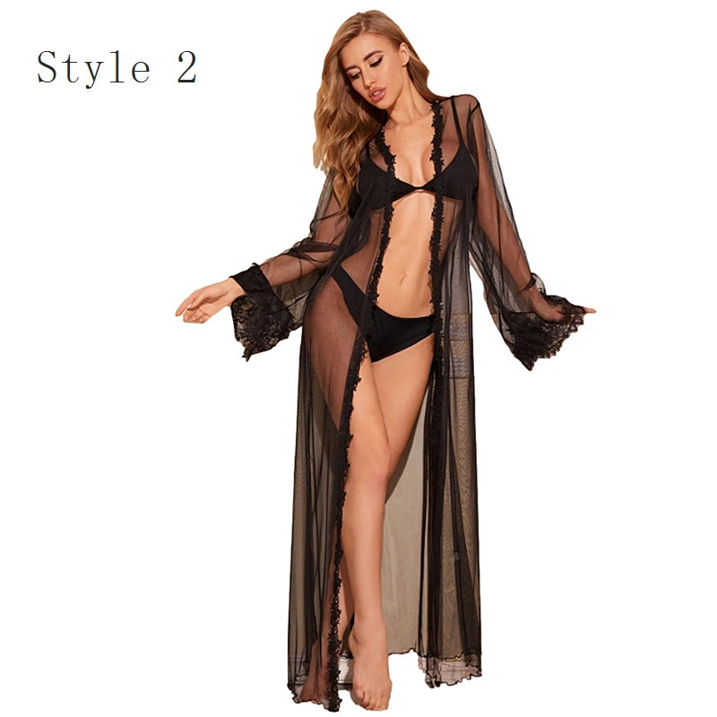 Women Ice Silk Robes Nightgown Long Dress Deep V Long-Sleeve Kimono Gown Cardigan Loose Sexy Sleep Wear Lace Lingerie Nightdress