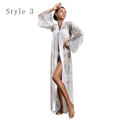 Women Ice Silk Robes Nightgown Long Dress Deep V Long-Sleeve Kimono Gown Cardigan Loose Sexy Sleep Wear Lace Lingerie Nightdress