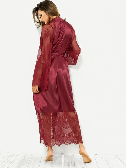 Women Ice Silk Robes Nightgown Long Dress Deep V Long-Sleeve Kimono Gown Cardigan Loose Sexy Sleep Wear Lace Lingerie Nightdress