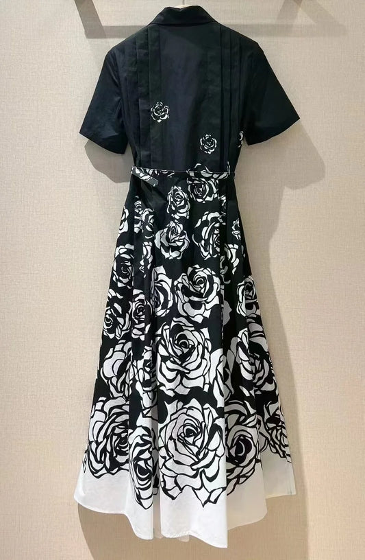 100%Cotton Long Dress 2025 Spring Women Turn-down Collar Vintage Floral Prints Pleated Patchwork Short Sleeve Black Maxi Dress